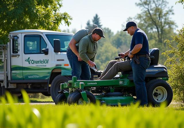 Lawns By Victor crew preparing commercial grade mowing equipment